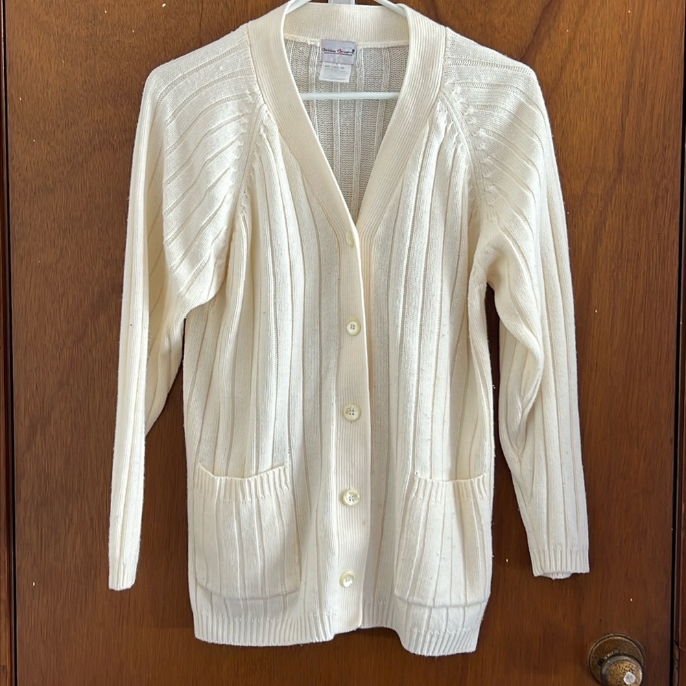 🌞 Bobbie Brooks ivory acrylic preppy cardigan sweater patch pockets women size S
